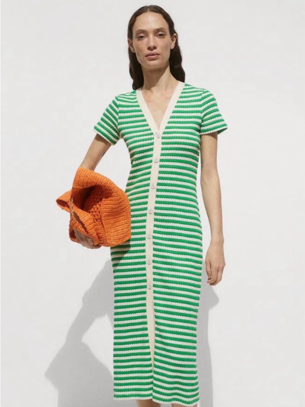 NWOT Mango Green & White Striped Button-Front Knit Dress